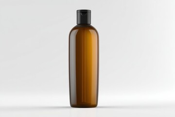 Amber bottle with black cap on white background.