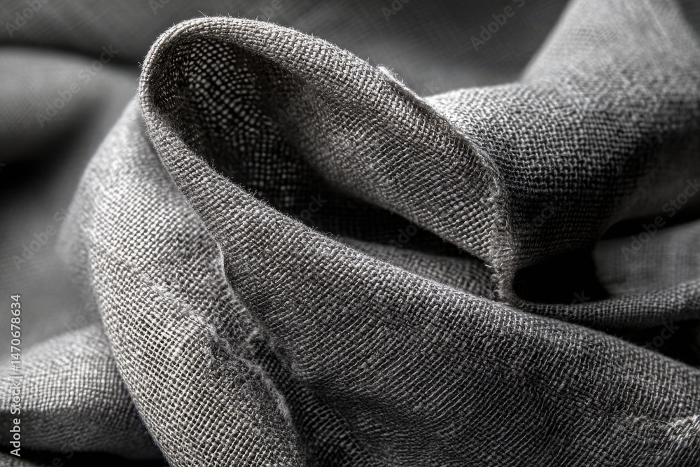 Poster a close-up view of a folded gray linen fabric showcasing the texture and weave, with soft shadows ac