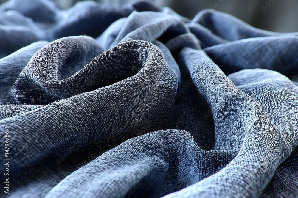 Poster detailed close-up shot of a textured blue fabric with soft folds and subtle patterns, showcasing the