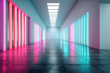 Fototapeta premium Abstract hallway illuminated with vibrant neon lights, creating a futuristic and modern architectural design, with reflection on the floor and a bright light from the ceiling.