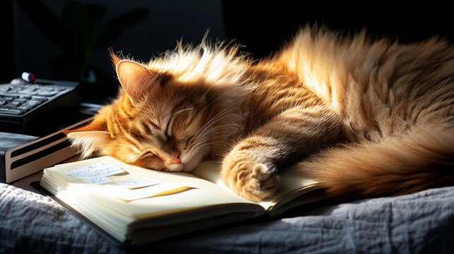 Sleepy ginger cat resting on an open notebook