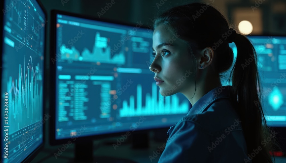 Fototapete Young woman cyber security expert working with data analysis on computer screens in a lab. Female IT specialist monitors information. Artificial intelligence concept. Modern digital technology.