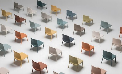 Colorful Modern Office Desk Chairs Arranged in Grid Pattern on White Background