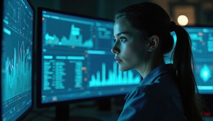 Young woman cyber security expert working with data analysis on computer screens in a lab. Female IT specialist monitors information. Artificial intelligence concept. Modern digital technology.