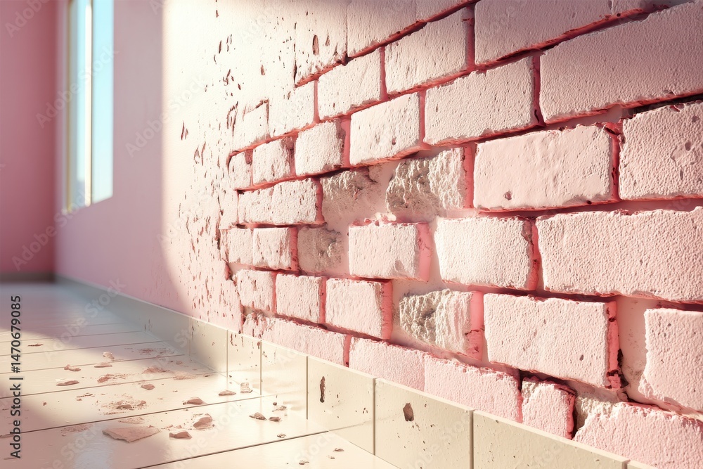 Poster a textured pink brick wall with missing bricks, creating an imperfect, yet captivating and visually 
