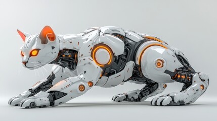 Futuristic robotic feline form design with glowing orange accents.