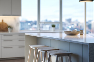 Modern kitchen island with light wood stools, showcasing a minimalist design and spacious feel, ideal for interior design or home decor concepts