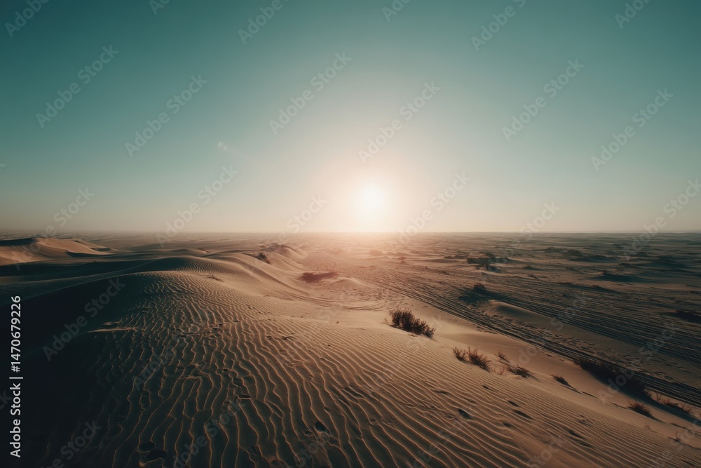 Poster an endless desert landscape under a clear sky, with golden dunes creating mesmerizing patterns and t