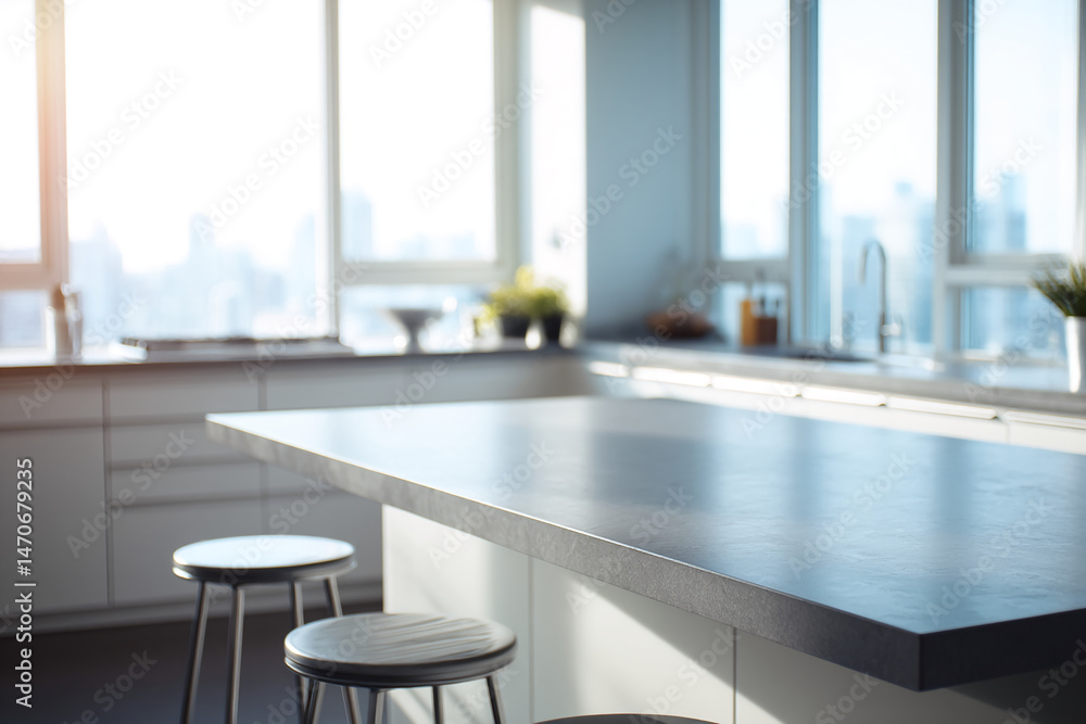 Poster grey countertop in modern kitchen with city view, showcasing ample free space for product display or