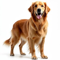 Obraz premium Golden Retriever dog isolated on white background. Standing, full-body portrait. Cute, friendly, furry pet, smiling with tongue out. Happy domestic animal, pet, companion, puppy. AI generated image.