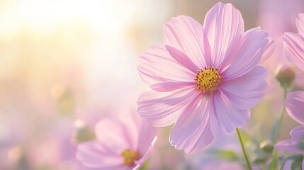 Obraz premium Delicate pink cosmos flowers in soft sunlight