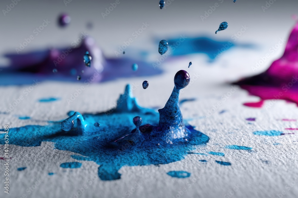 Poster a macro shot capturing the fluid dynamics of colorful ink drops impacting a textured surface, result