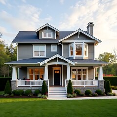 elegant victorian home, blue siding, white trim, large porch with columns, sprawling lawn, landscaped garden