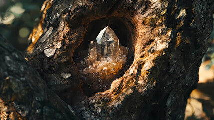 Ancient tree with radiant crystal nestled in its hollowed trunk, earthy, arboreal, wild. [Crystalline Wilderness] | Hollow Crystal Tree | refracted core. Illustration