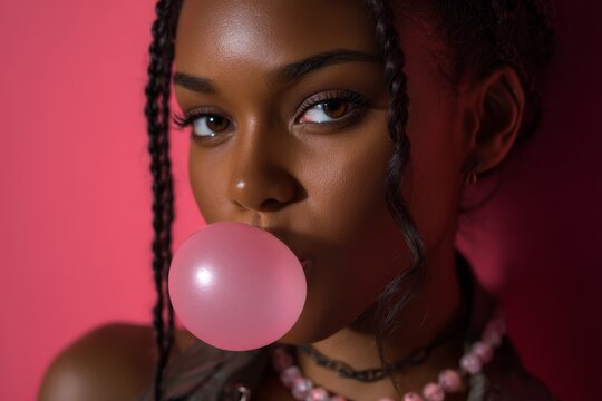 Jovem brasileira com bolha de chiclete rosa, retrato de beleza fashion sobre fundo colorido