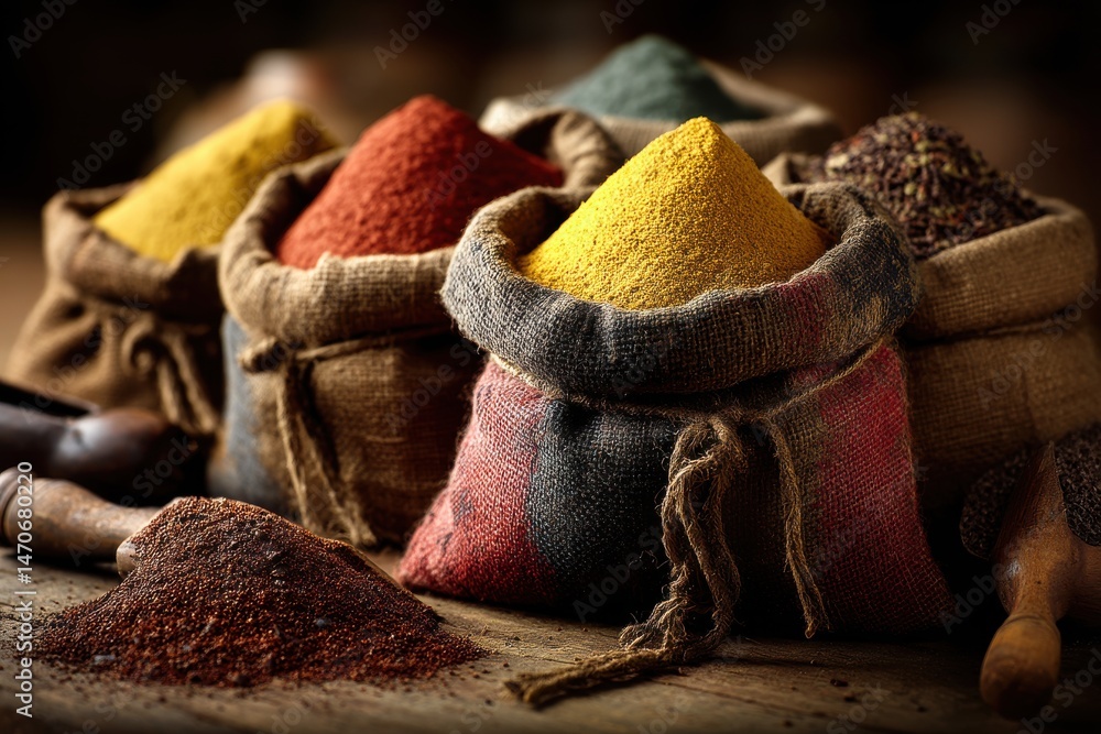 Poster a rustic display of vibrant spices in burlap sacks creating a culinary palette, featuring a warm and