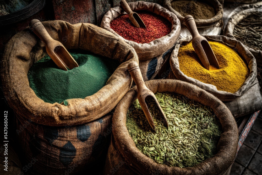 Poster a vibrant display of colorful spices in burlap sacks, showcasing a rich assortment of culinary flavo