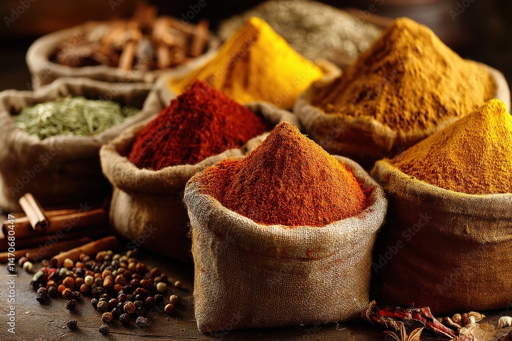 Poster a colorful array of spices in burlap sacks, arranged on a rustic wooden surface, creating a warm and