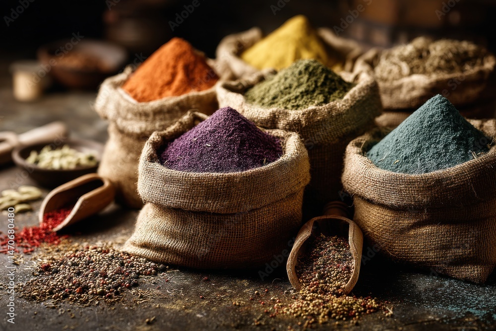 Aufkleber a vibrant assortment of colorful spices displayed in rustic burlap sacks creating a culinary palette