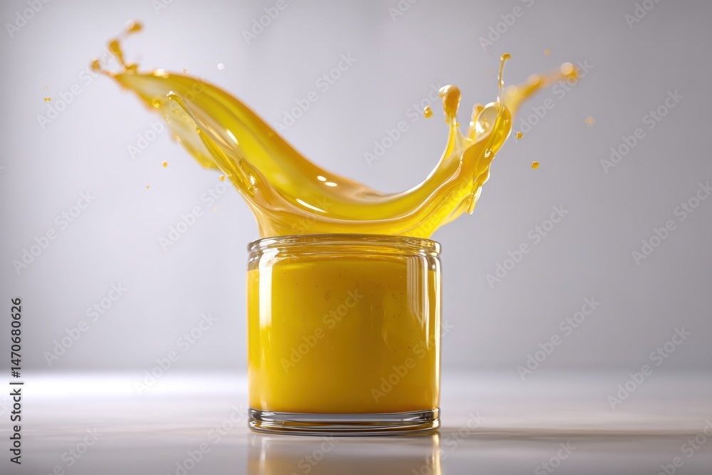 Poster a vibrant burst of yellow liquid splashing from a glass jar in a dynamic motion, against a clean, li