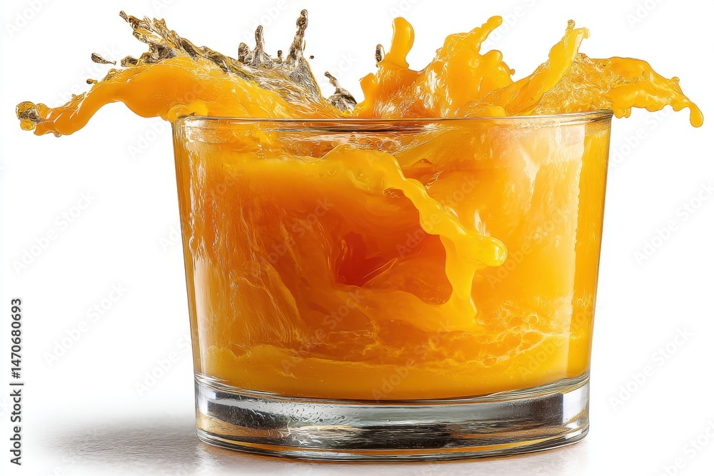 Poster a refreshing glass of fresh orange juice with a vibrant splash, showing dynamic motion and creating 