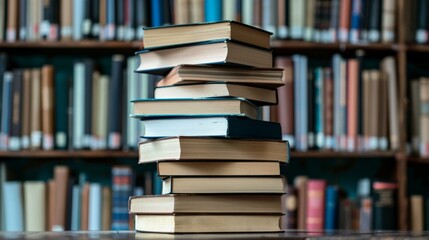 A cozy table with a stack of books invites readers to dive into new worlds against a charming library backdrop.