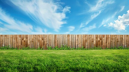 A rustic wooden garden fence beautifully complements the lush green grass beneath a bright and clear blue sky.