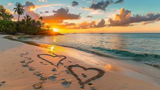 Experience a dreamy sunset romance with two hearts intertwined on a serene sandy beach. Love is in the air.
