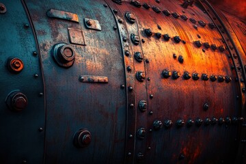 Rusty metallic texture with rivets and bolts, showing signs of age and wear.