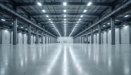 Fototapeta premium Empty industrial warehouse with polished flooring, bright overhead lighting. Modern distribution center storage facility. Large spacious area for logistical operation. Empty commercial building for