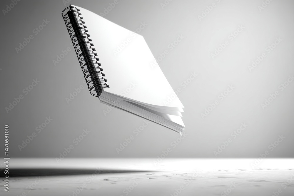 Poster a minimalist studio shot featuring a floating spiral notebook with blank white pages, casting subtle