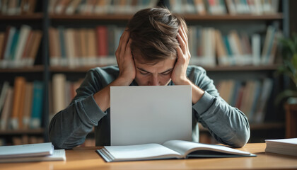 Overwhelmed student stressed by study burden. Young man in library struggles with education, mental health issues. Academic pressure, exhaustion, burnout concept.