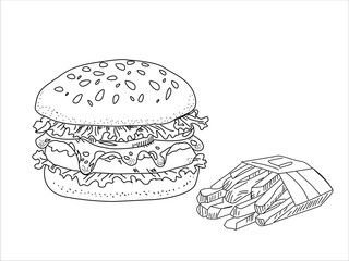 Burger and fries. doodle burger pattern background. hamburger pattern. doodle fast food burger seamless pattern background.seamless pattern of burger in doodle style.Cheese Burger or hamburger