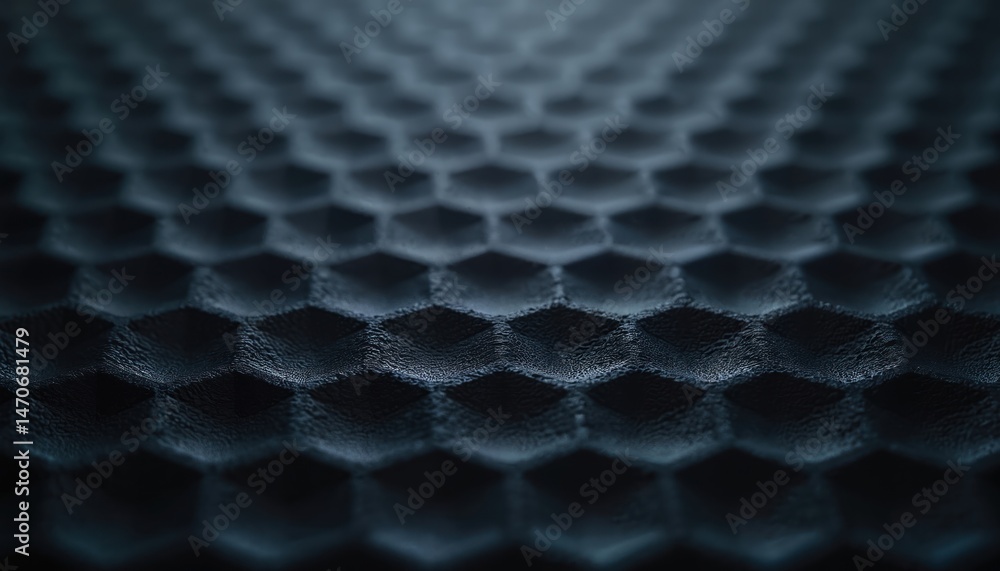 Poster Abstract dark tech background with 3D hexagonal cellular wall pattern. Geometric honeycomb texture provides visual interest, suitable design concept. Leather look.