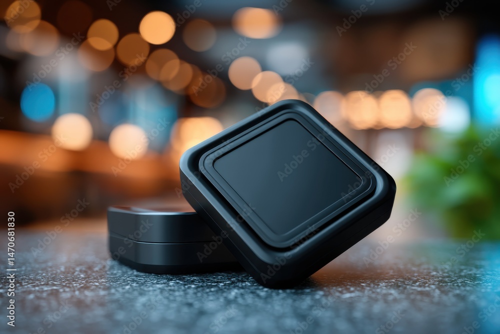 Poster close-up shot of two sleek, modern black square boxes placed on a textured surface, with a blurred b