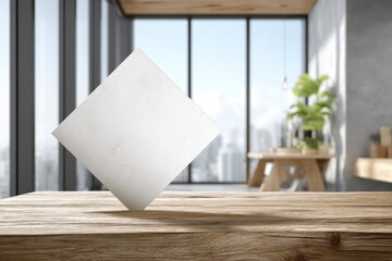 A minimalist interior featuring a white square on a wooden table, with large windows providing natural light and a view of a modern cityscape in the background.