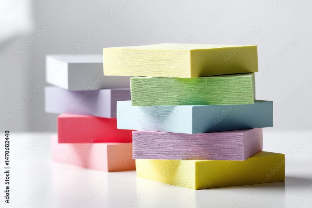 Poster a pastel-colored stack of note pads on a white surface, creating a minimalist abstract design, perfe