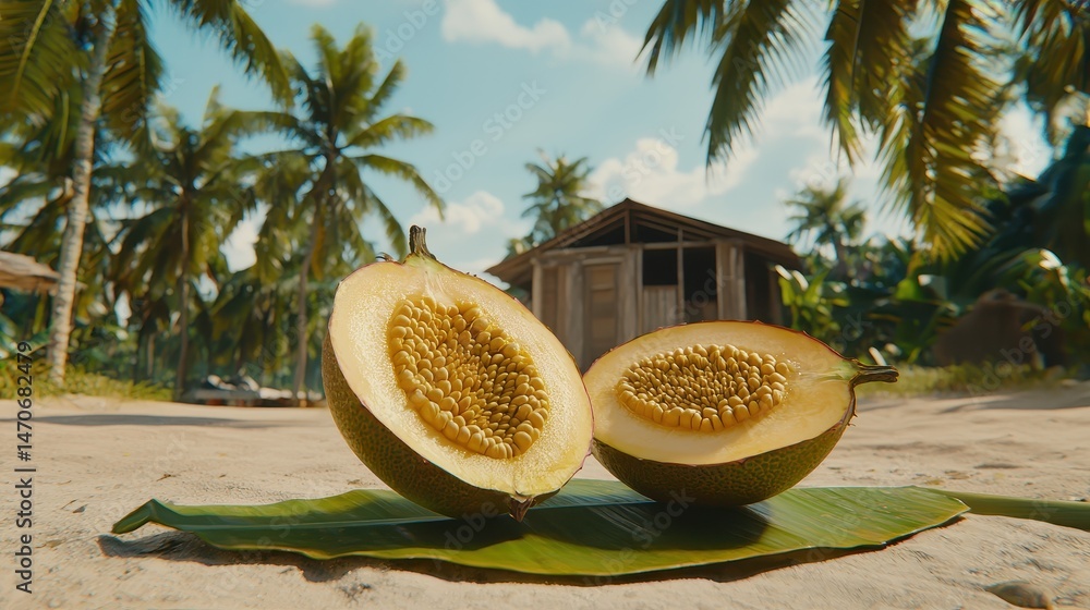 Poster fresh melon halves on tropical beach with palm trees and rustic hut in background