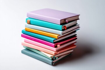 A colorful stack of notebooks in pastel shades, neatly arranged on a white surface, creating a visually appealing and organized composition, perfect for creative projects.