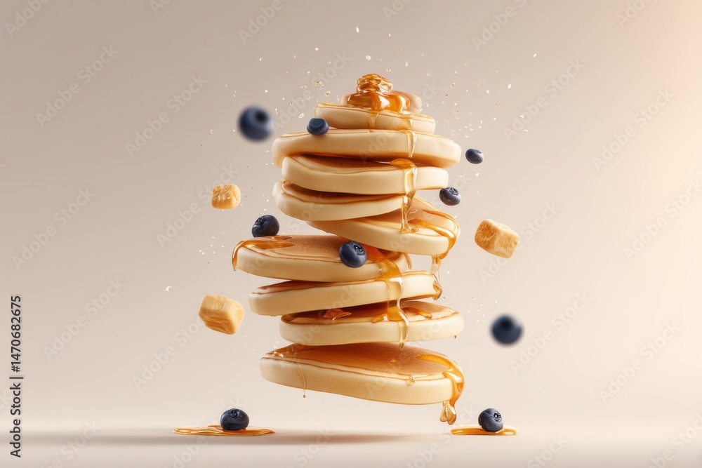 Poster a tantalizing stack of golden pancakes dripping with maple syrup and adorned with fresh blueberries 