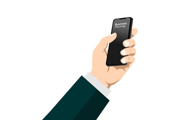 Black mobile phone in a businessman's hand for wireless business communication. vector eps