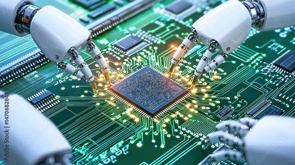Poster advanced robotics assembly on circuit board with integrated chip and bright lights