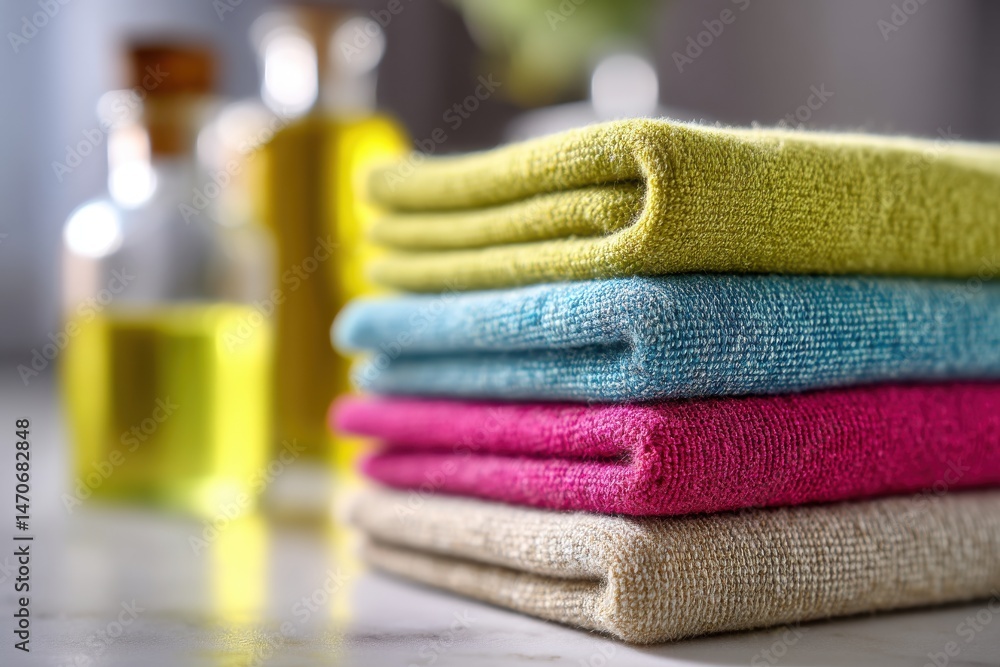 Poster a neatly stacked pile of soft, colorful towels next to bottles filled with golden liquid, creating a