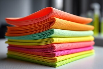 A vibrant stack of colorful microfiber cloths, perfectly folded and arranged, showcasing a rainbow of cleaning possibilities for a spotless home environment.