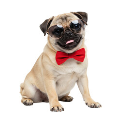 Obraz premium Adorable pug wearing sunglasses and a red bow tie with tongue sticking out slightly, isolated on transparent background