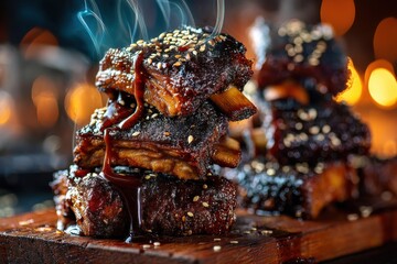 A mouthwatering stack of glazed ribs drizzled with savory sauce, generously garnished with sesame seeds, creating a tempting culinary masterpiece against a warm bokeh background.