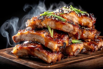 A mouthwatering close-up of steaming, glazed pork ribs, stacked high on a wooden board, garnished with sesame seeds and fresh herbs on a dark background.