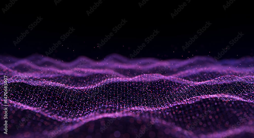 Poster abstract purple network background with glowing particles, resembling a data stream or futuristic co
