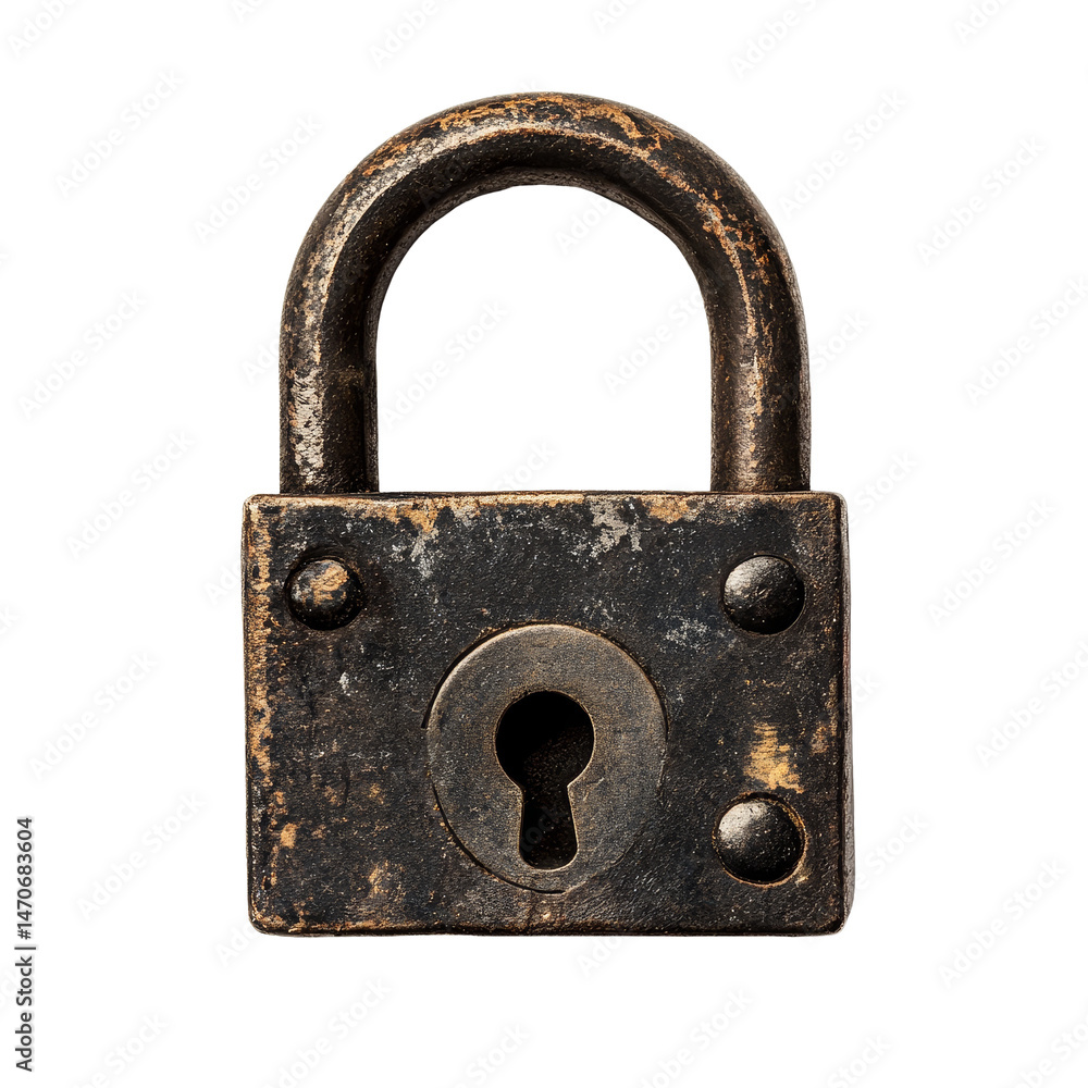 Poster closeup of an old padlock with keyhole against a clean transparent background, emphasizing security 