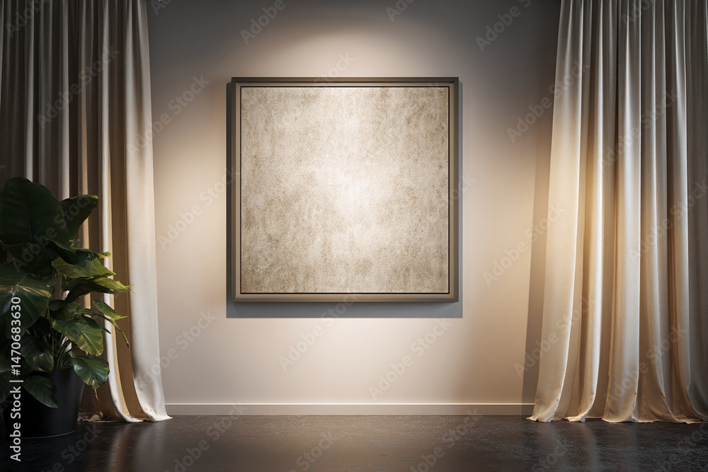 Poster beige textured canvas in a dark frame hangs on a wall flanked by beige curtains and a potted plant, 